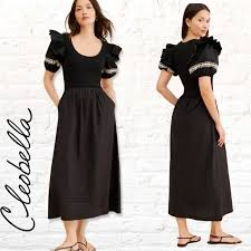 Cleobella Selma black embroidered ivory puff sleeve midi cotton dress size XS